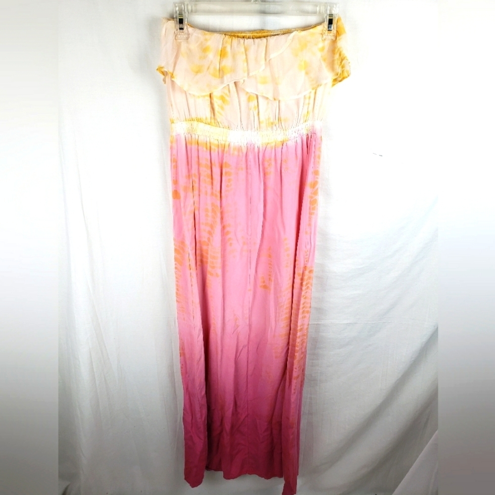 Gypsy05 Made In Hollywood CA Pink & Yellow Silk TieDye Maxi Strapless Dress Sz S